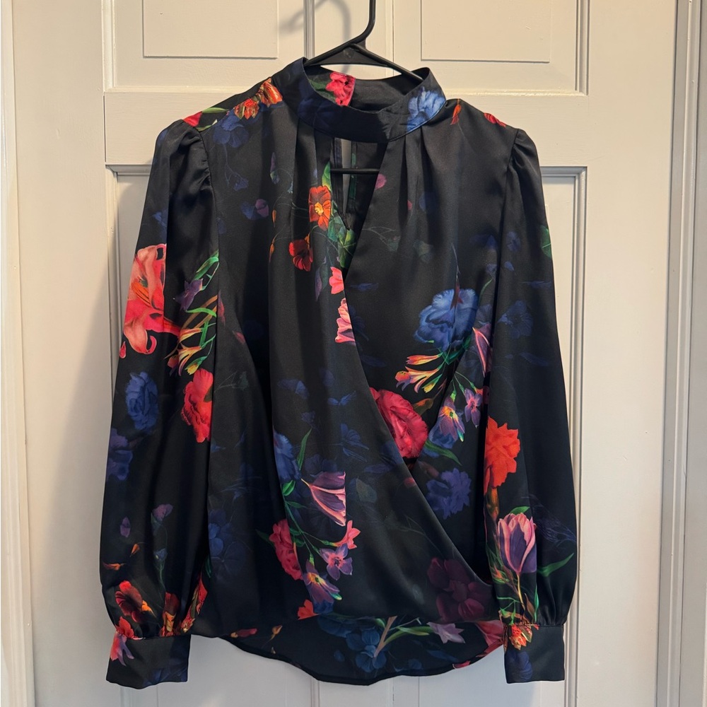 INC International Concepts Black Blouse with Vibrant Floral Design
